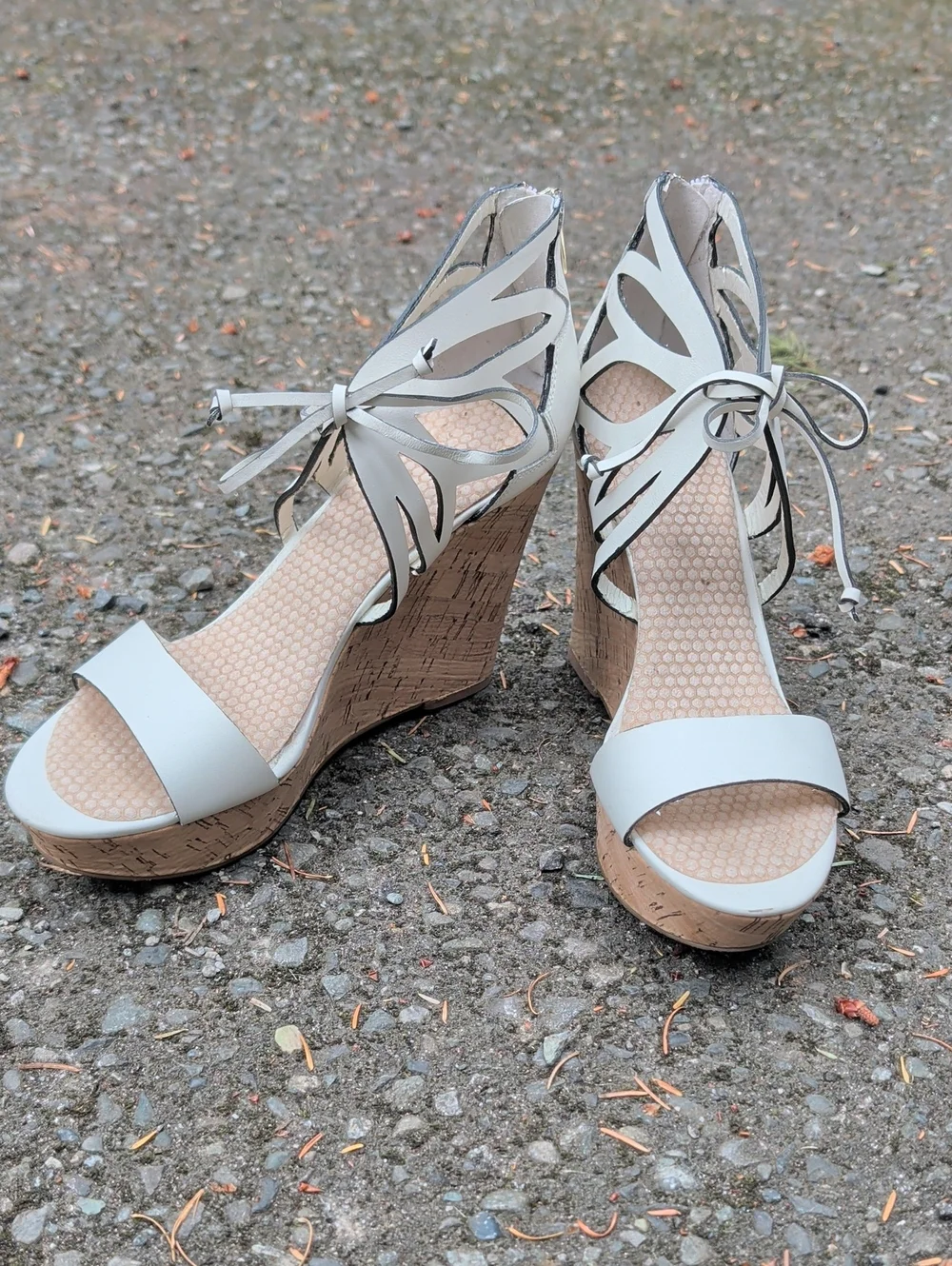 Ivanka Trump White Cutout Lace-Up Cork Wedge Sandals
